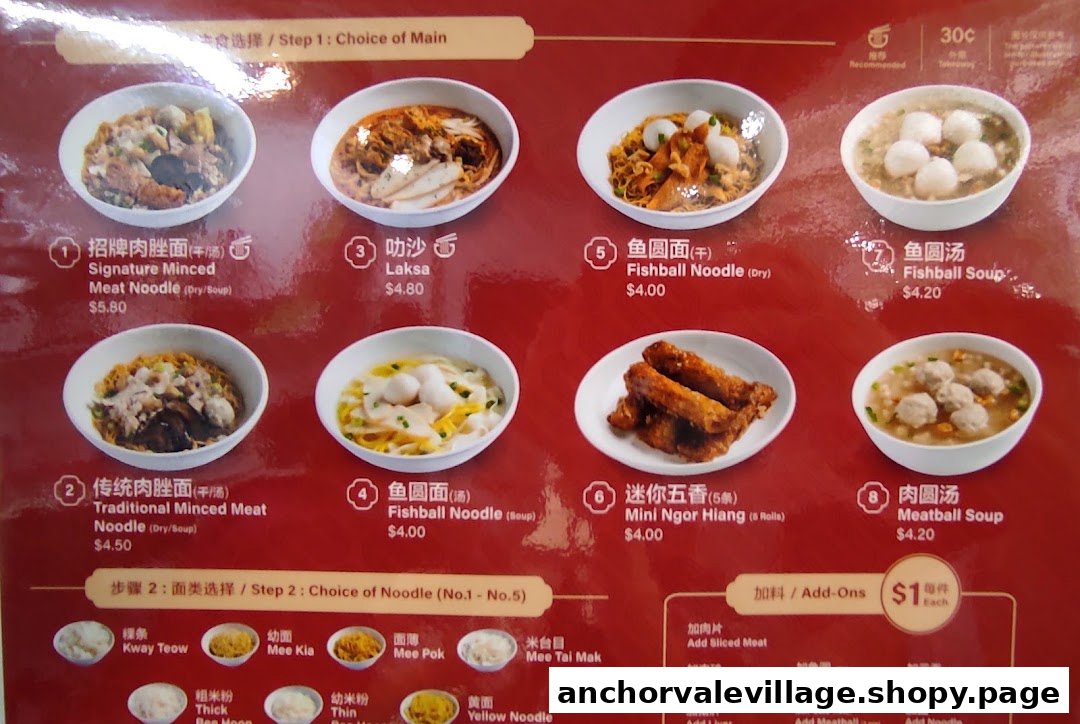 A detailed menu board displaying various noodle dishes, soups, and add-ons with prices.