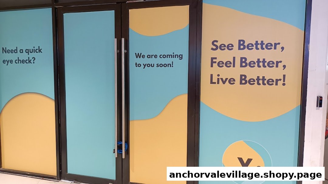 The shop front of Yi Eyewerkz features blue and yellow graphics with promotional text about eye care and a 'coming soon' message.