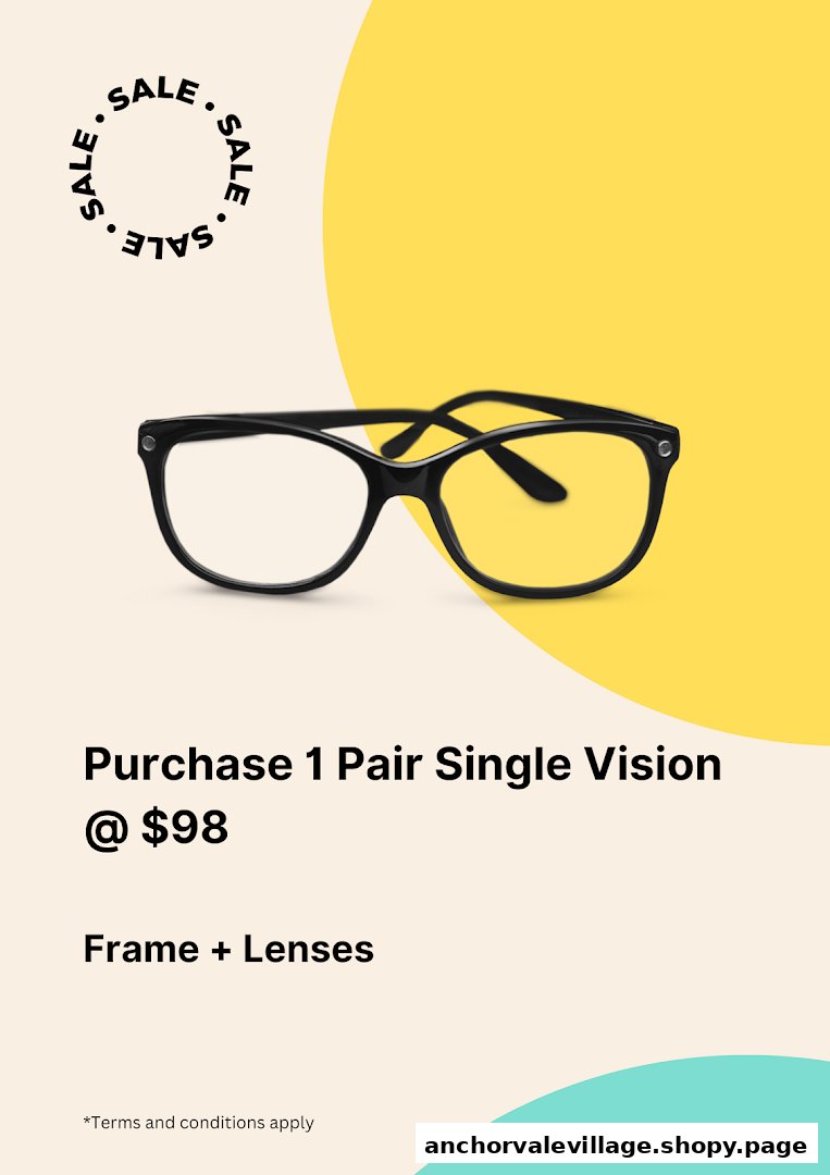 An advertisement featuring a pair of black-framed glasses and a promotional offer for single vision lenses.