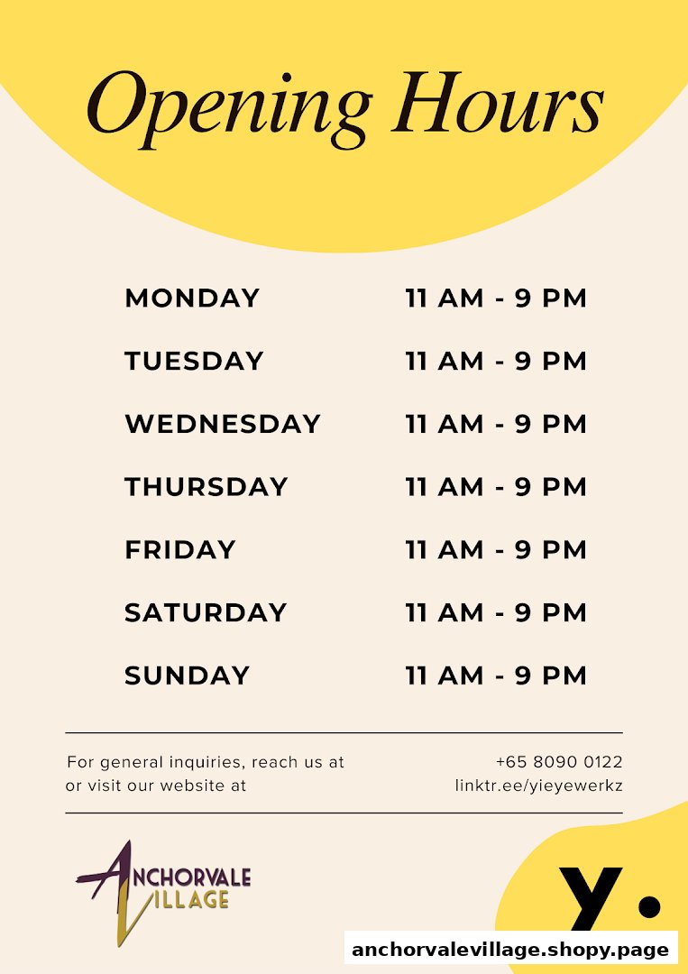 An informational poster displaying Yi Eyewerkz's daily opening hours and contact details.