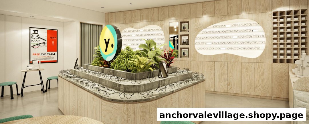 A modern optical shop interior featuring stylish eyewear displays, lush greenery, and a free eye exam station.
