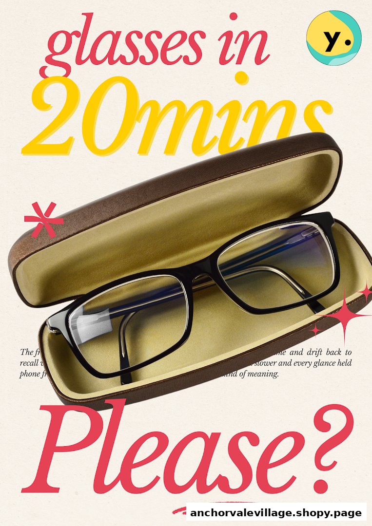 An advertisement featuring a pair of glasses in a case, promoting quick eyewear service.