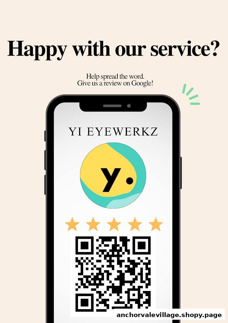 A smartphone screen displays a Google review request for Yi Eyewerkz with a QR code and 5-star rating.