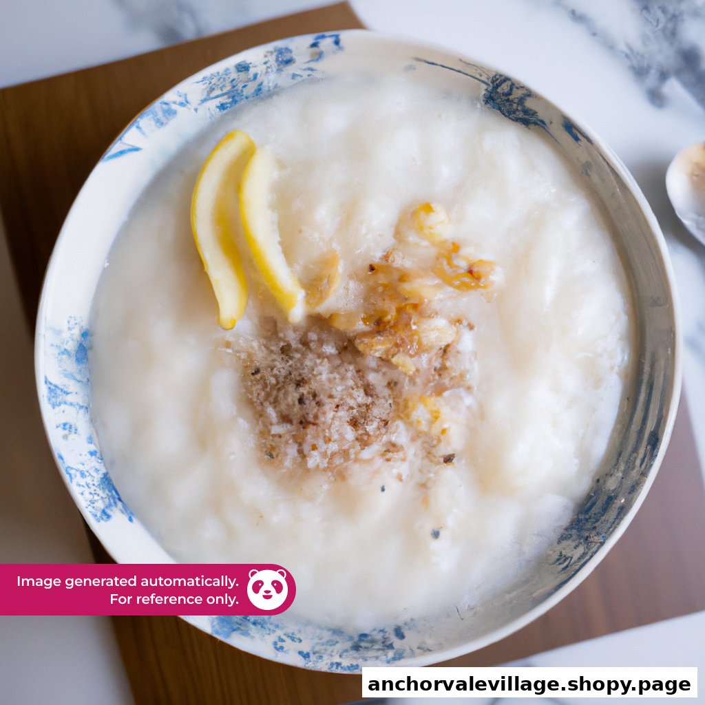 A close-up of a bowl of creamy congee topped with lemon slices and fried shallots.