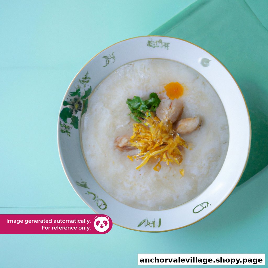 A close-up of a bowl of congee topped with chicken, fried garlic, and fresh herbs.