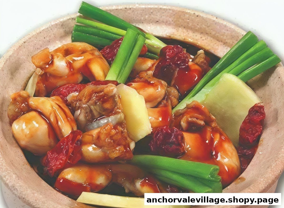 A close-up of a savory claypot dish featuring oysters, red dates, and green onions in a rich sauce.