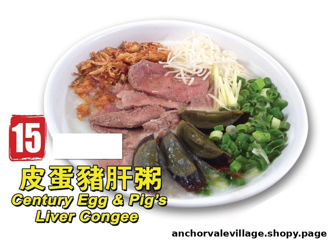 A close-up of a bowl of Century Egg & Pig's Liver Congee with various toppings, priced at 15.