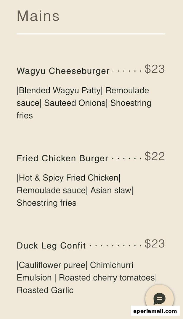 A menu featuring Wagyu Cheeseburger, Fried Chicken Burger, and Duck Leg Confit.