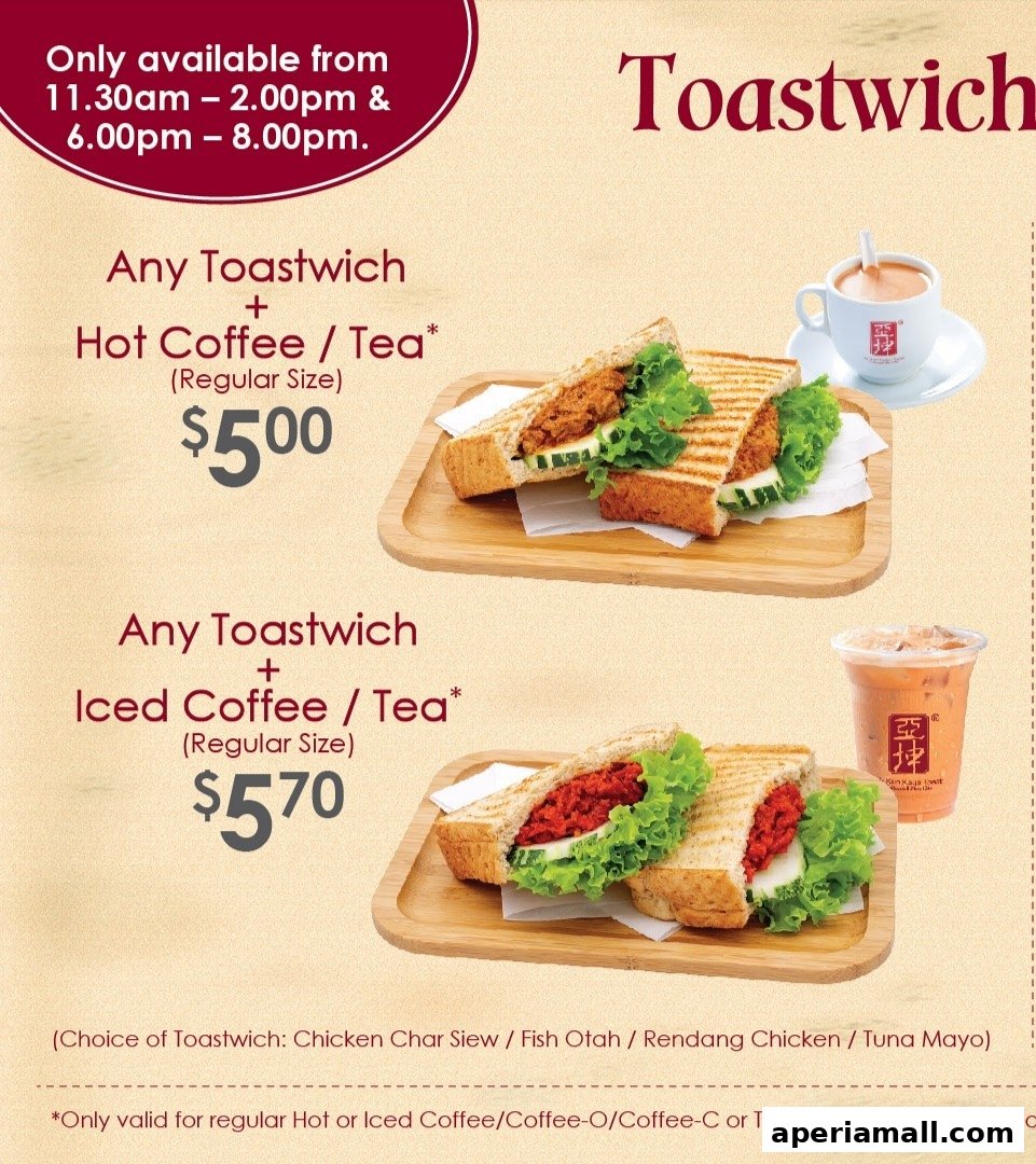 Promotional image for Ya Kun Kaya Toast featuring Toastwich combos with hot or iced coffee/tea.