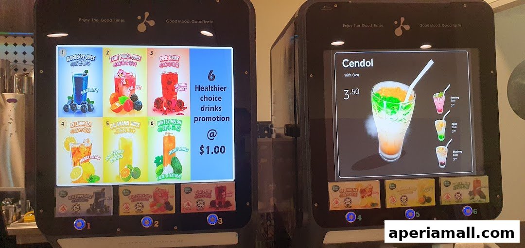 Digital menu displays showcasing various drinks and a promotion for healthier choices.