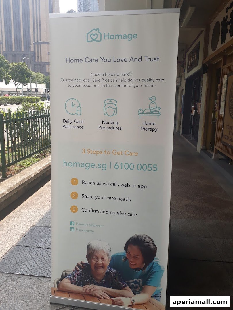 A banner for Homage Home Care, detailing services and contact information.