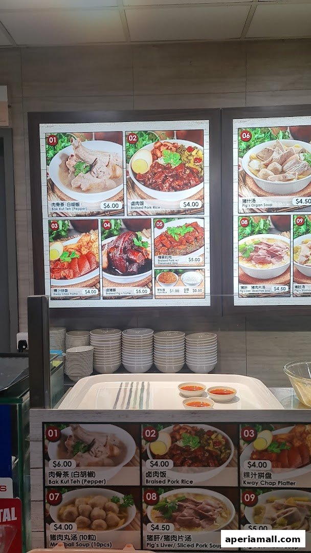 A menu board displaying various pork-based dishes and soups with prices.