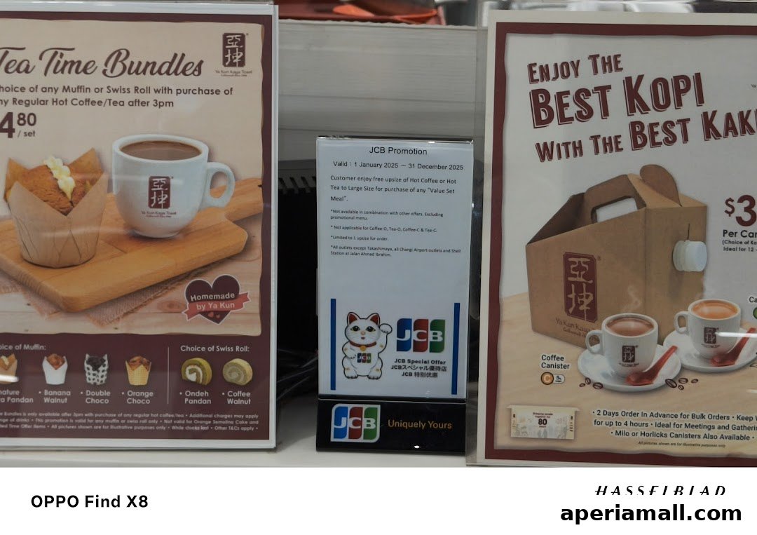 Promotional displays for Ya Kun Kaya Toast featuring tea time bundles and coffee offers.