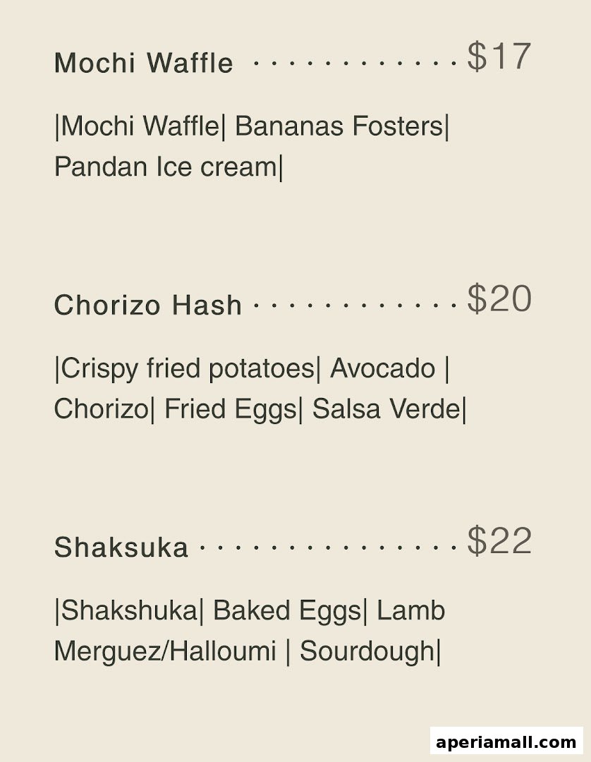 A menu featuring three dishes: Mochi Waffle, Chorizo Hash, and Shaksuka with prices.