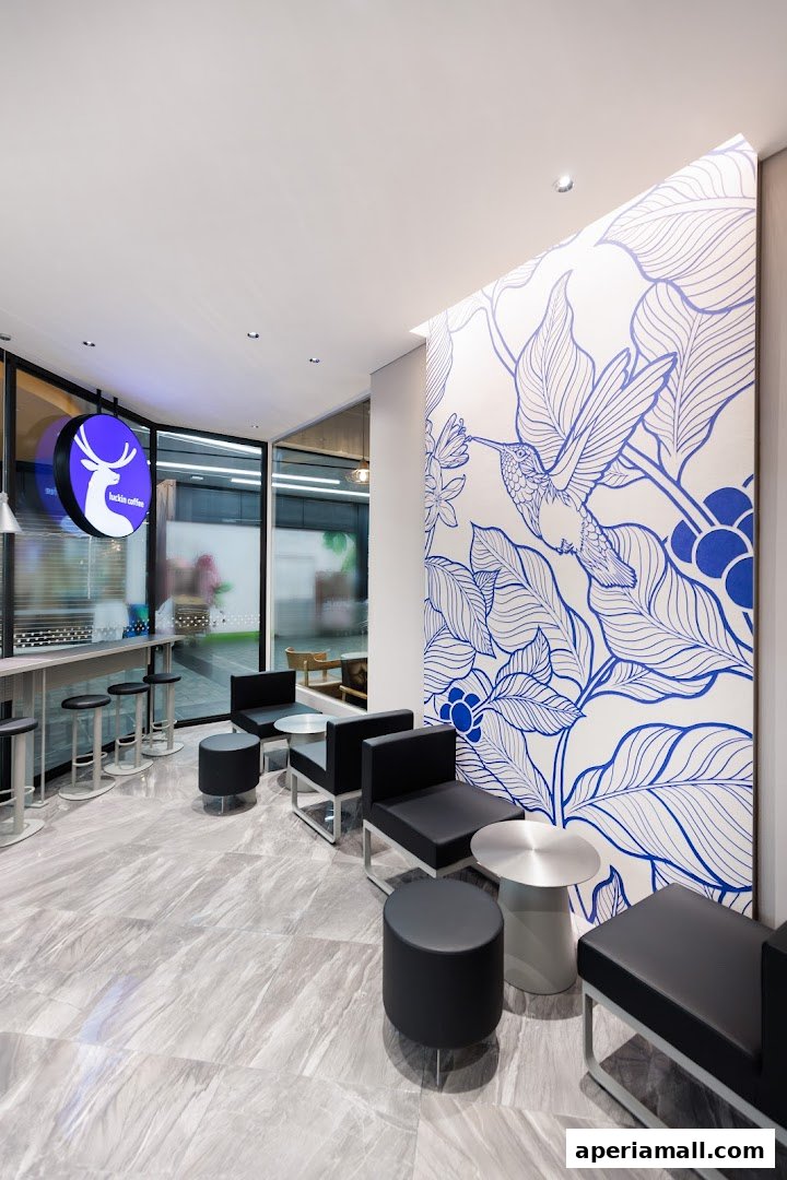 Interior of a modern coffee shop with stylish seating and a large blue and white mural.