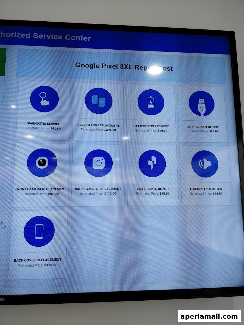 A screen displaying repair services and estimated costs for Google Pixel 3XL.