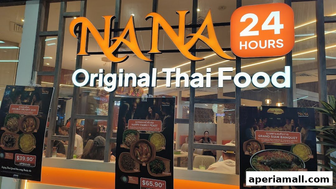 The exterior of Nana Original Thai Food restaurant, featuring its prominent signage and promotional posters.