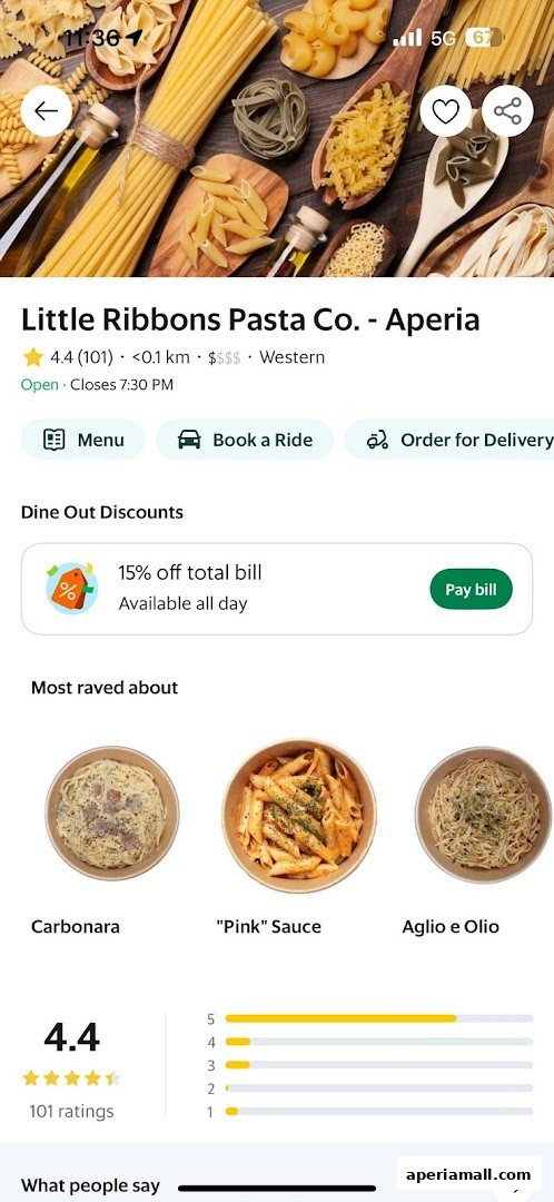 A display of various pasta dishes and ingredients, with restaurant information and ratings.