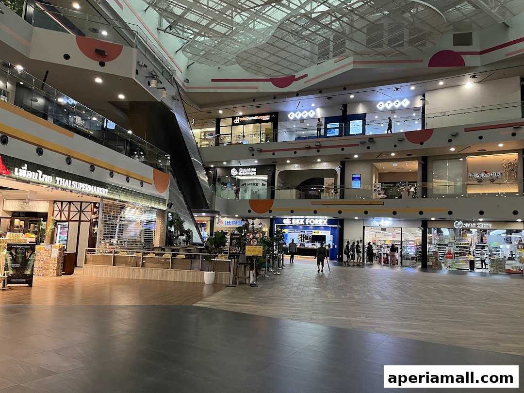 Interior view of a multi-level shopping mall with various shops and escalators.