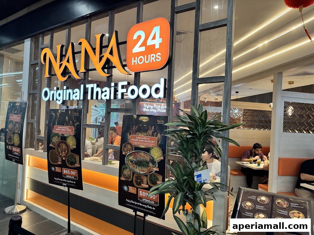 Nana Original Thai Food restaurant storefront with promotional posters and indoor seating visible.