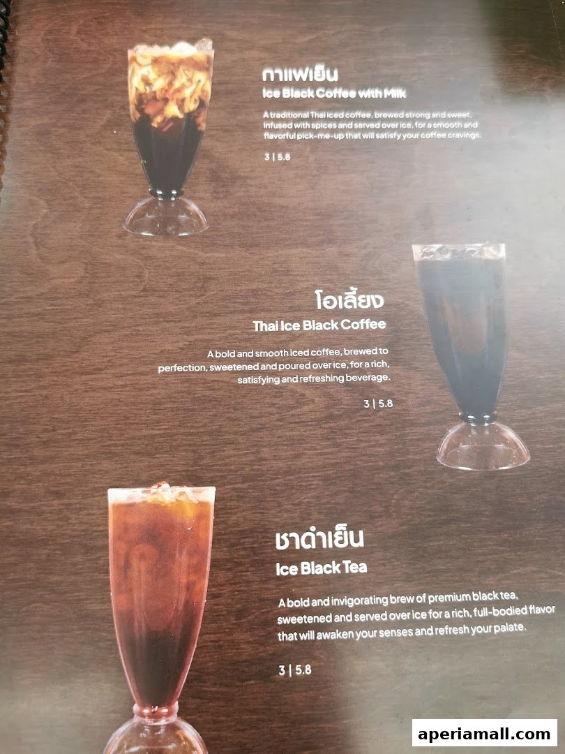 A menu featuring Thai iced coffee drinks with descriptions and prices.