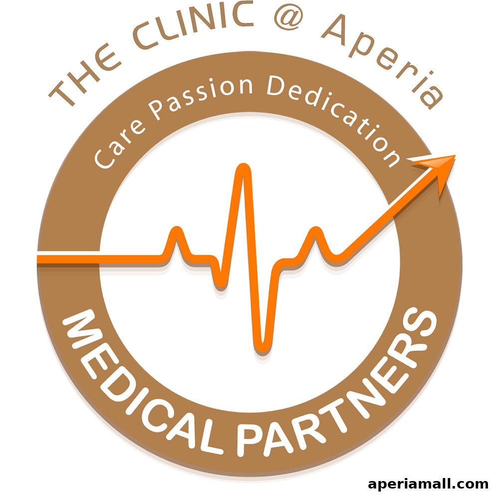 Logo for The Clinic @ Aperia, featuring a heartbeat line and the words 'Care Passion Dedication' and 'Medical Partners'.