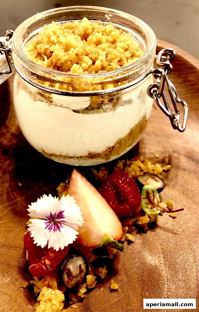 A dessert in a jar with fruit and crumble topping, presented on a wooden board.