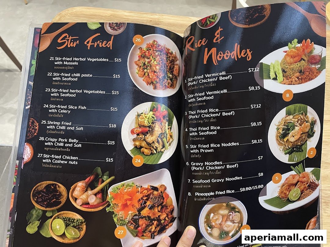 A menu from Im-Em Thai Kitchen featuring stir-fried dishes and rice and noodle options.