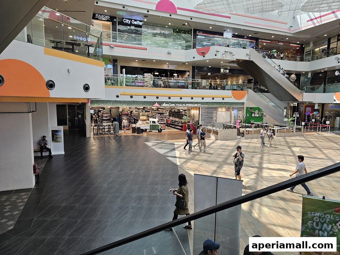 A wide view of a bustling shopping mall interior with various shops and escalators.