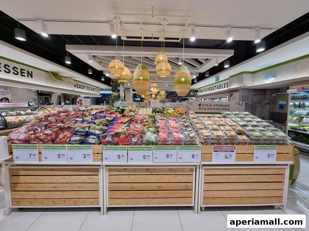A wide display of fresh fruits and vegetables at Cold Storage supermarket.