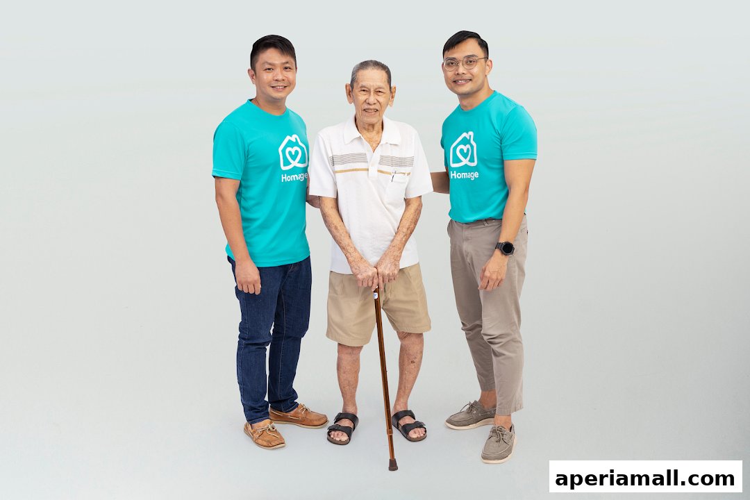 Two caregivers in teal shirts flank an elderly man with a cane.