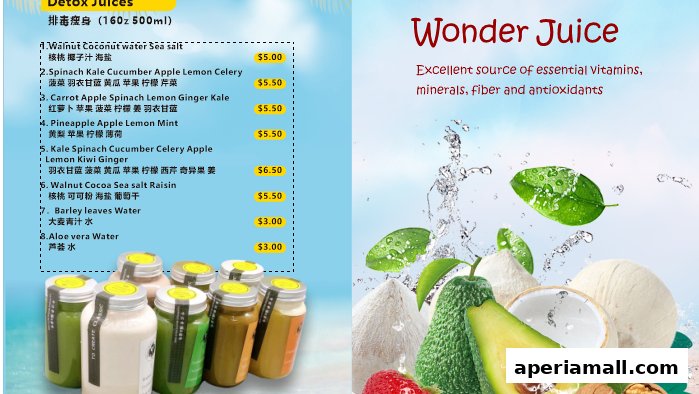 A menu for Wonder Juice featuring detox drinks with ingredients and prices.