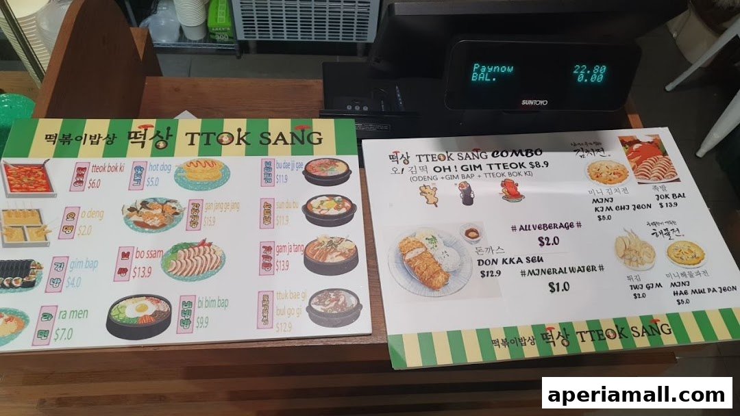 A menu display for TTEOK SANG featuring various Korean dishes and combos.