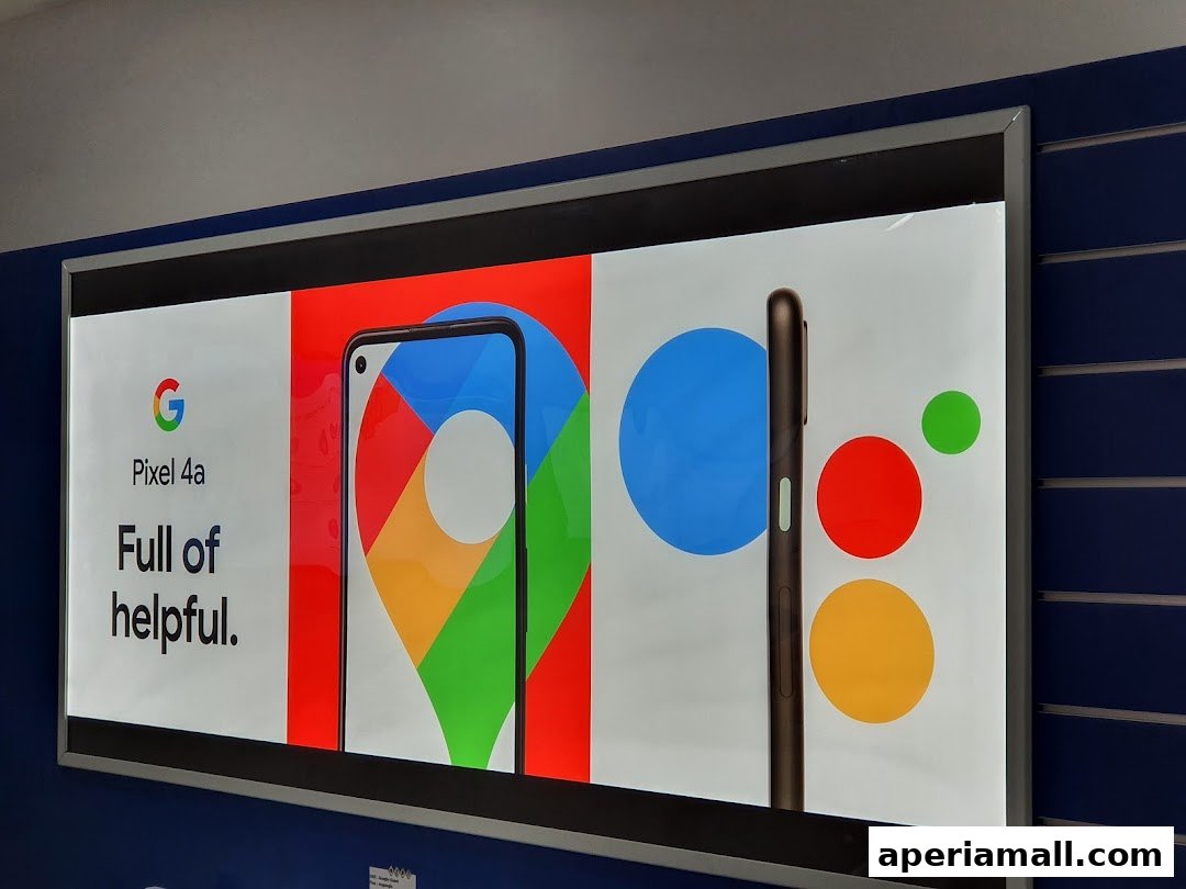 A digital advertisement for the Google Pixel 4a phone, highlighting its helpful features.