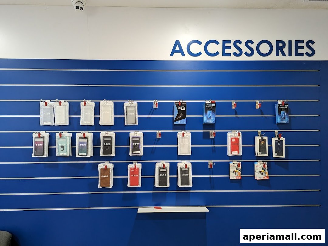 Wall display of various mobile phone accessories, including cases and screen protectors.