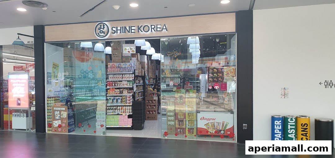 The entrance of Shine Korea, a shop selling Korean products, filled with various goods.