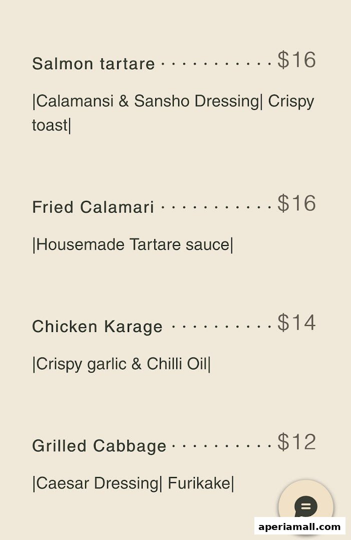 A menu from Kaeden featuring dishes like Salmon Tartare and Fried Calamari.