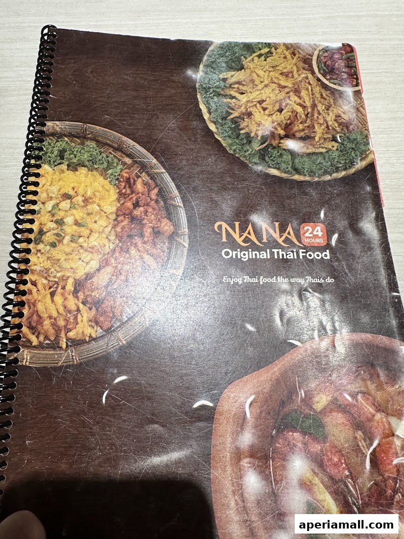 A menu from Nana Original Thai Food, featuring images of Thai dishes.