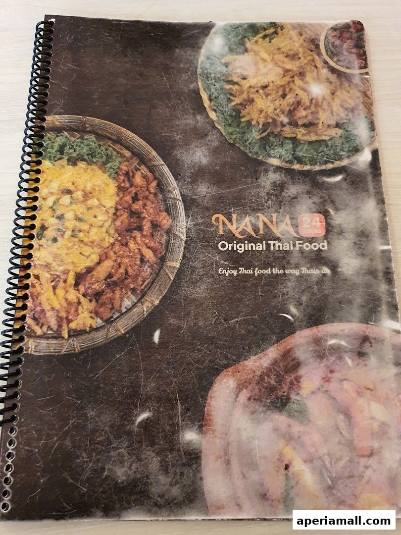 A spiral-bound menu for Nana Original Thai Food, featuring images of Thai dishes.