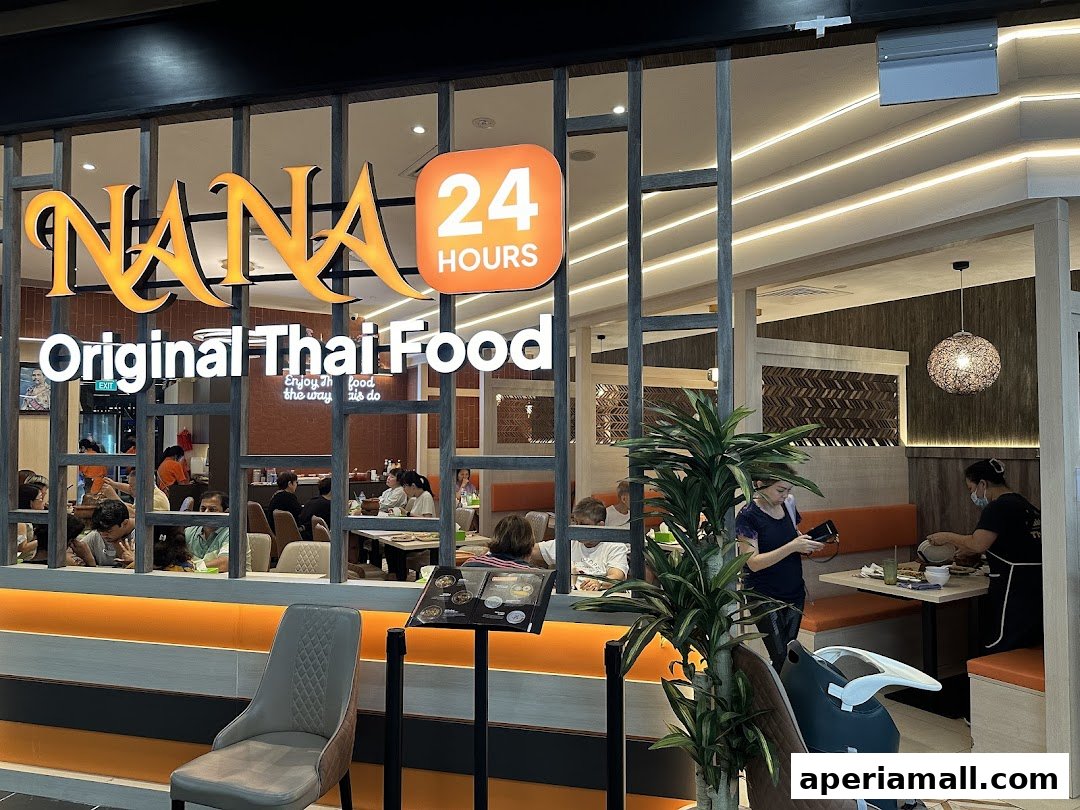The exterior of Nana Original Thai Food restaurant with customers dining inside.