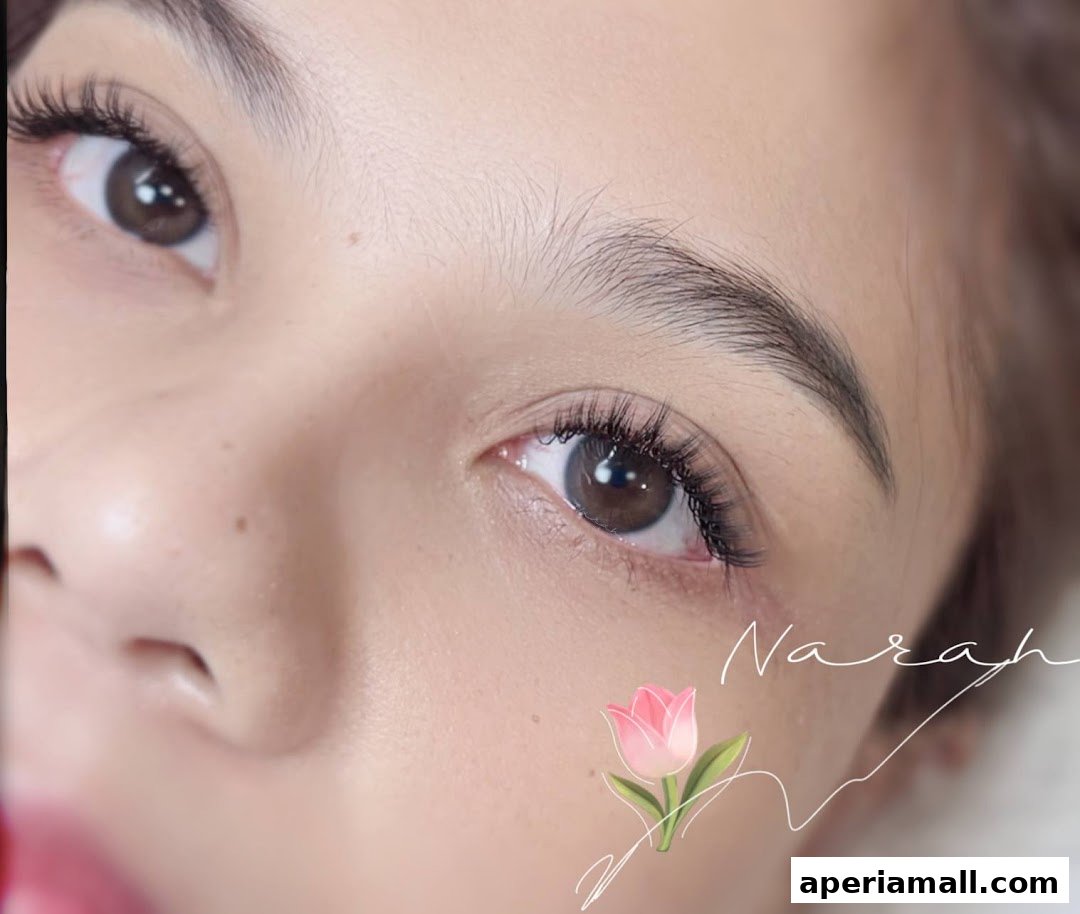 Close-up of a woman's eyes with beautifully applied eyelash extensions.
