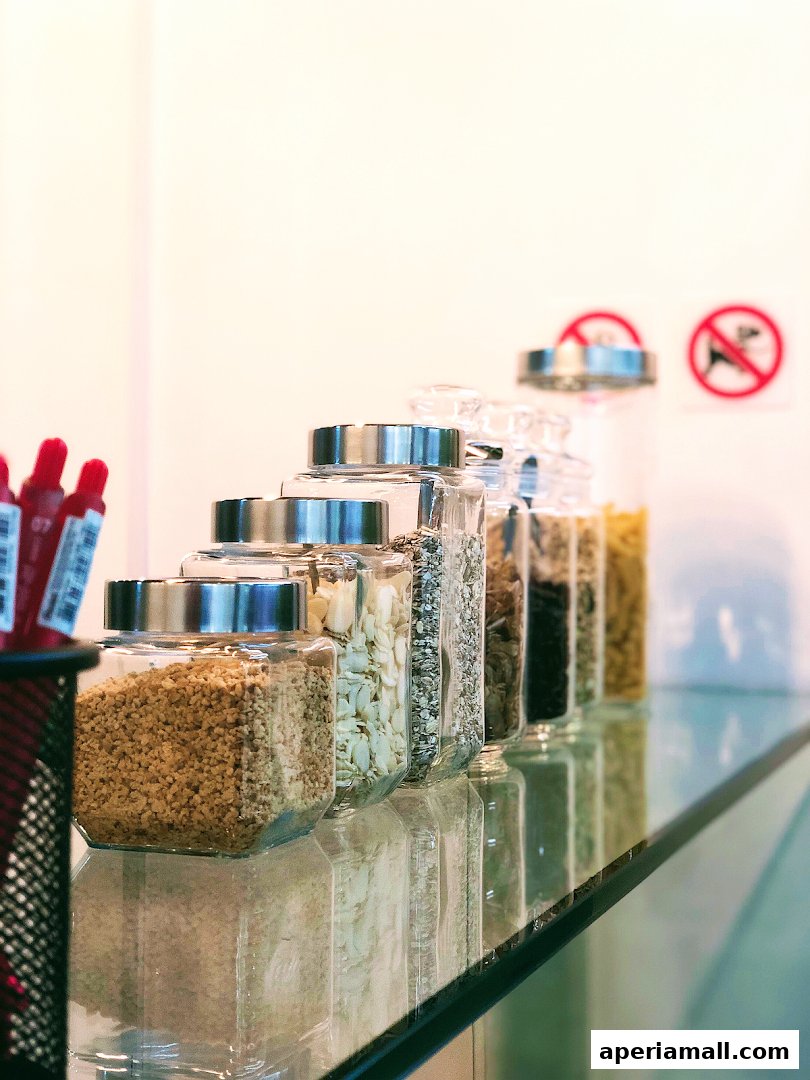 Glass jars filled with various ingredients lined up on a shelf.