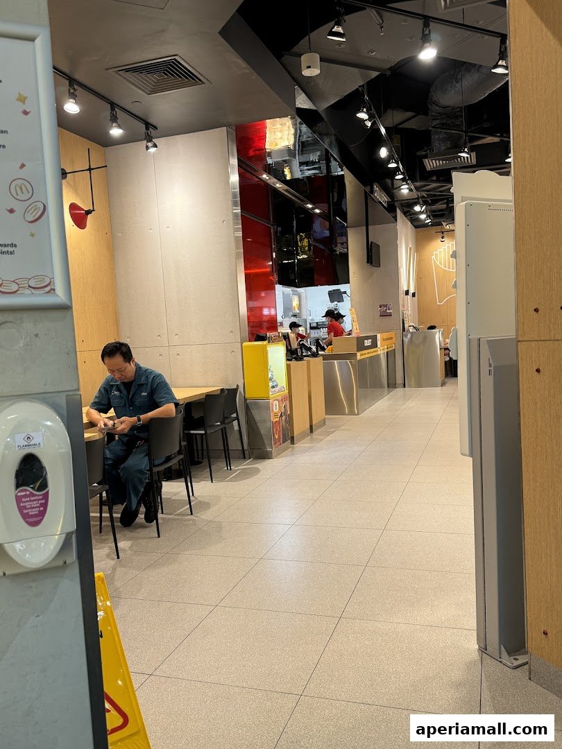 Interior view of a McDonald's restaurant with a customer seated and staff behind the counter.