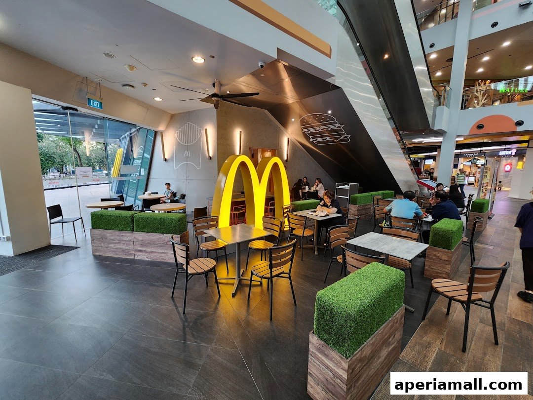 Interior view of a McDonald's restaurant with seating areas and customers.