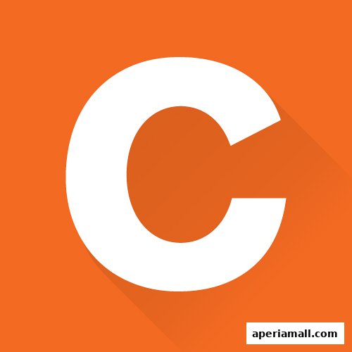 A minimalist graphic featuring a large white letter 'C' on an orange background.