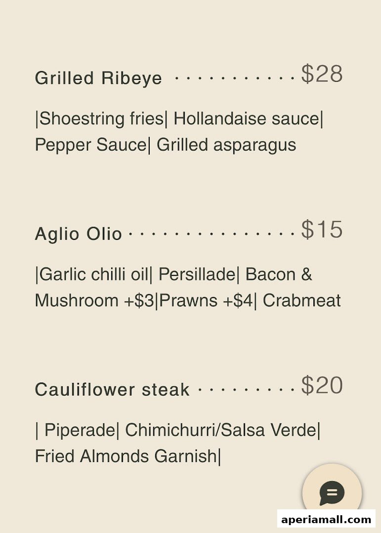 A menu from Kaeden featuring Grilled Ribeye, Aglio Olio, and Cauliflower steak.
