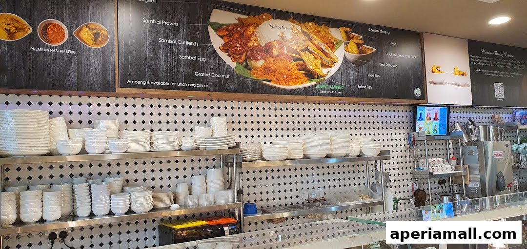 Interior view of FM FoodMaster showcasing a menu board and stacked dishes.