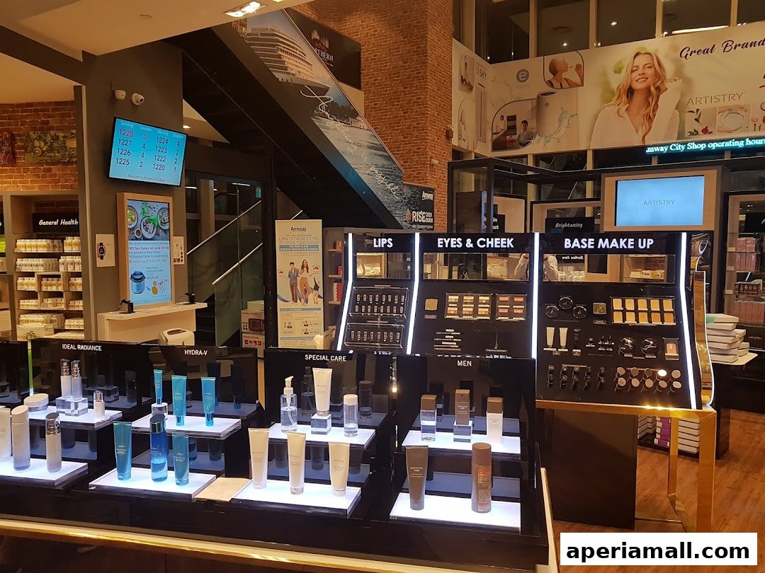 Interior view of a beauty and health products store with displays of makeup and skincare.