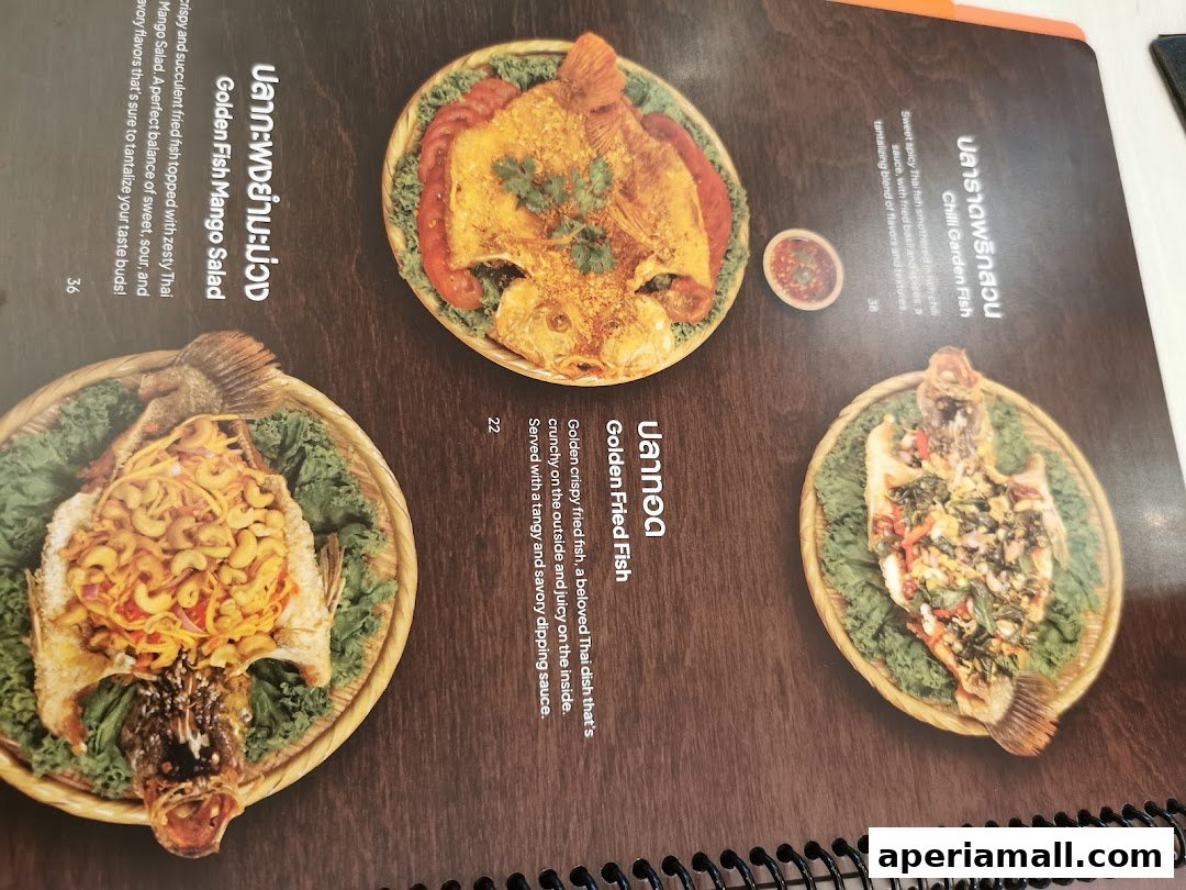 A menu page showcasing three different Thai fish dishes with descriptions and images.