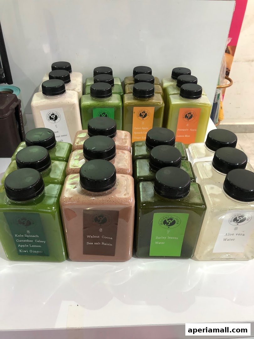 Bottles of fresh juices and drinks from Wonder Juice are neatly arranged.